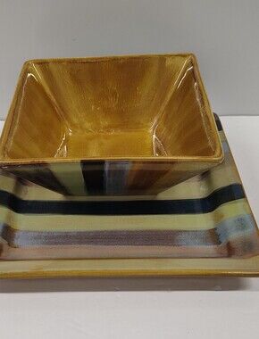 Tabletops Gallery YORK Hand Painted Square Salad Soup Bowl & 9" Earth Tone Plate